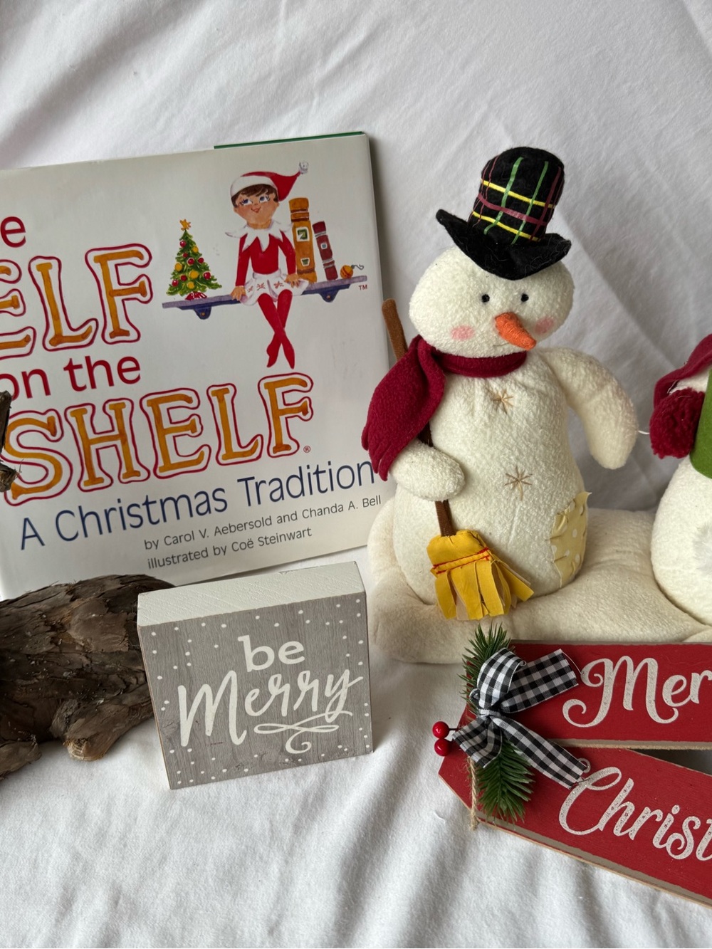 Christmas Package singing snowman WORKS . The Elf on the shelf book, be Merry